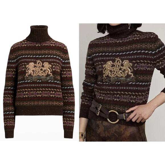 Ralph Lauren Collection Sweater Fair Isle Bullion Crest Cashmere Wool Turtleneck - Picture 1 of 16